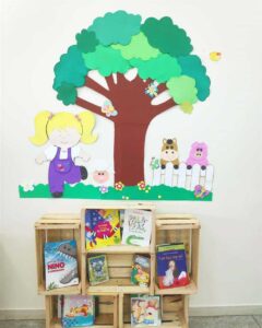 uma parede com uma árvore e livros